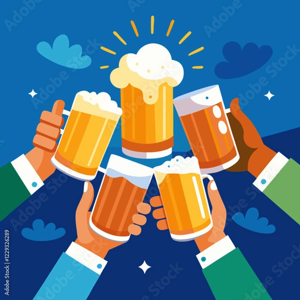 Fototapeta Happy hands raise various mugs of beer in a toast, celebrating friendship and good times under a bright, cheerful blue sky during a lively gathering