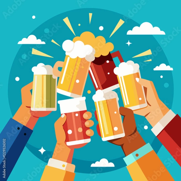 Fototapeta Friends unite in joy, raising their colorful beer mugs filled with frothy beverages, celebrating a special occasion under a bright blue sky with fluffy clouds