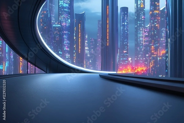 Fototapeta A stunning view of a futuristic bridge curving over a smooth asphalt road, with towering skyscrapers and colorful city lights in the distance.
