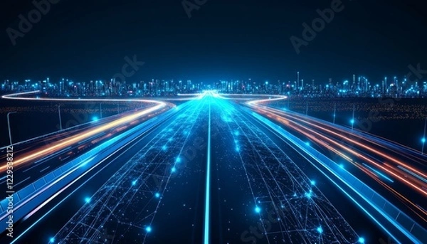 Fototapeta Futuristic Cityscape With Glowing Digital Network at Night, Connectivity and Technology Concept