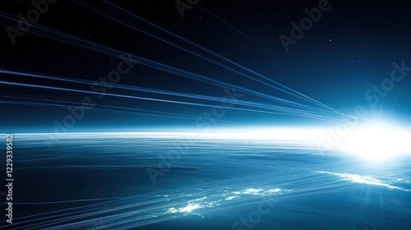 Fototapeta Plane at night. A serene view of the planet's curved horizon against the vastness of space, highlighted by thin, luminous atmospheric lines.