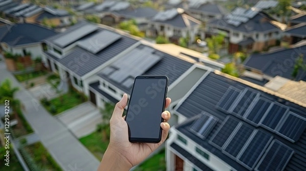Obraz Smart building city view, holding smart phone for classic and modern family house housing with rooftop solar panels. Real estate house property. Suburban urban village style 