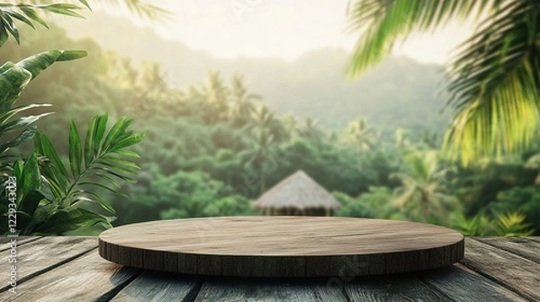 Obraz Stone table podium floor outdoor tropical garden jungle blur green leaf plant nature background. View of natural product placement pedestal stand, colorful hut with mountain hut background
