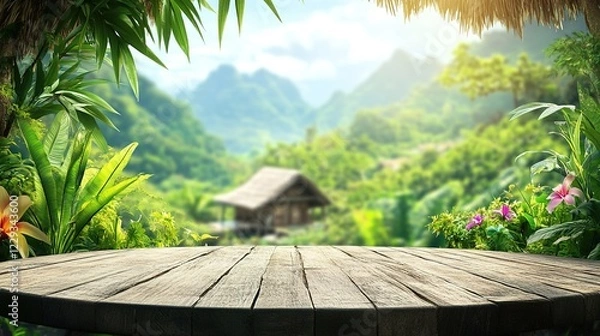 Obraz Stone table podium floor outdoor tropical garden jungle blur green leaf plant nature background. View of natural product placement pedestal stand, colorful hut with mountain hut background