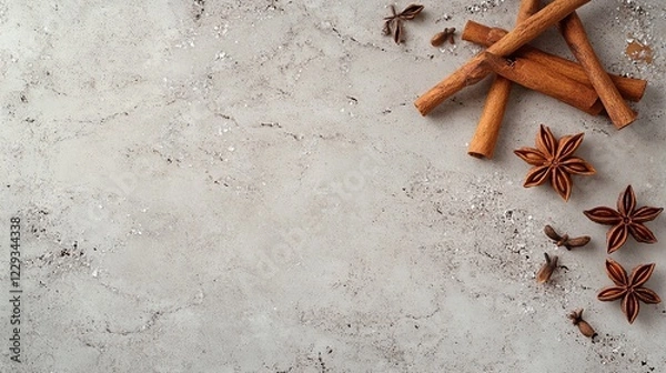 Fototapeta Cinnamon sticks and star anise on a grey stone surface, top view, with copy space. picture