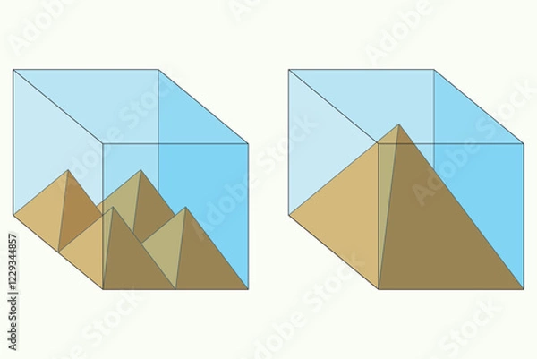 Obraz Volume of a cube. Square pyramid. Volume of water. Container filled with water.