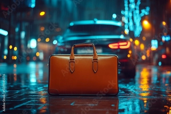 Fototapeta Reflections of a briefcase on a rainy night in a busy urban setting