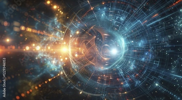 Fototapeta Blue digital tunnel with circular patterns representing futuristic data transfer, ai generated, AI generated