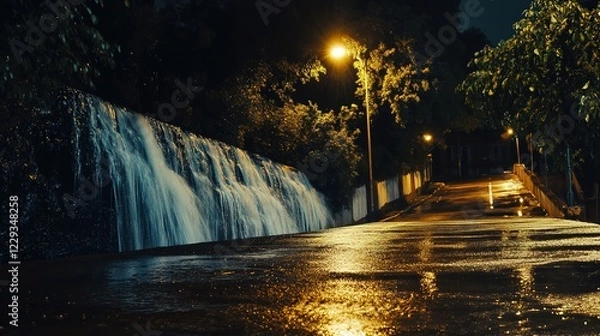 Obraz Waterfall Night View Classic Long Exposure of a Famous and Majestic Waterfall A beautiful view at night. Cascade waterfall Passing the main road. Cool summer and rainy days.