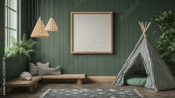 Obraz adventure themed children room, hunter green wall color, vertical wooden strip accent wall, natural oak frame mockup, woven bamboo lighting, army pattern play tent, sage green throw pillows, rustic