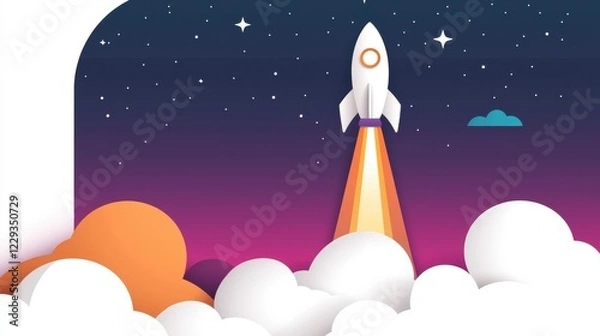 Fototapeta Innovation Rocket Rocket launching into a starry night sky, trailing smoke, symbolizing ambition and reaching for the stars