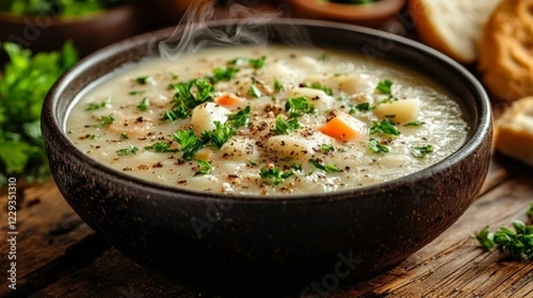 Fototapeta A warm and inviting bowl of creamy soup topped with fresh herbs, surrounded by rustic bread and vibrant green ingredients