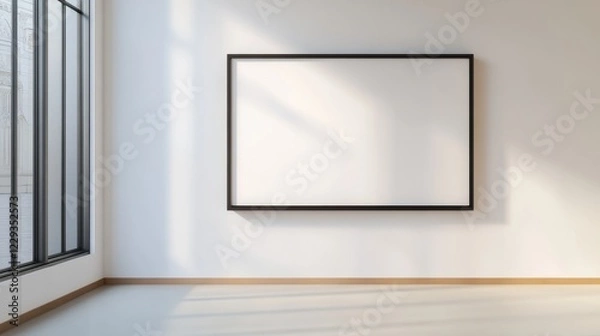 Fototapeta minimalist art presentation, architectural black frame design, professional mat board detail, clean white wall canvas, meticulous hand positioning, modern room setting, considered placement process,