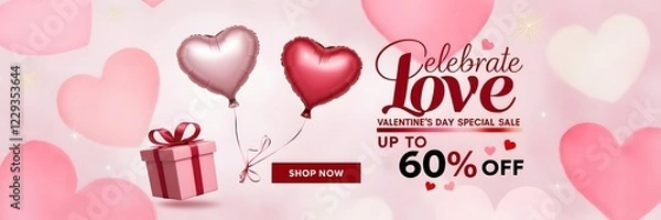 Obraz Valentine's Day Special Sale Banner Featuring Heart-Shaped Balloons, a Gift Box, and Soft Pink Heart Patterns, Celebrating Love with Up to 60% Off and a 'Shop Now' Call-to-Action.