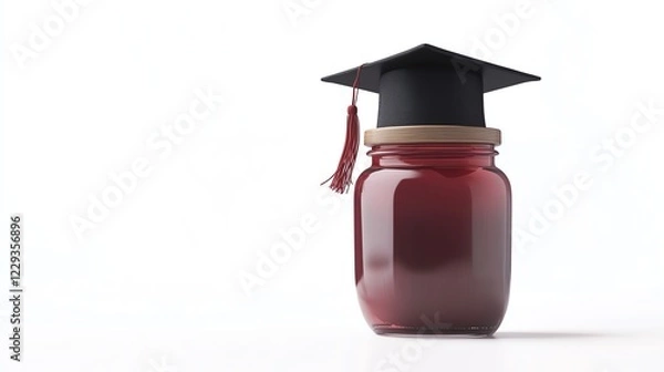 Fototapeta A savings jar with a graduation cap on top, student financial planning concept, isolated on white background