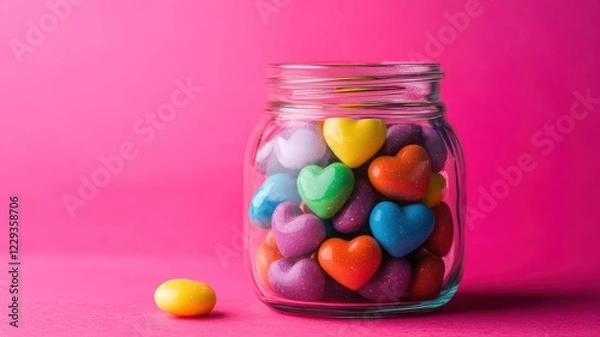 Fototapeta Colorful heart-shaped candies in a clear jar on pink background sweet treats vibrant display close-up view