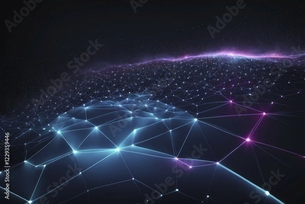 Fototapeta Futuristic digital network with interconnected blue, purple, and pink lines dotted by particles, AI generated