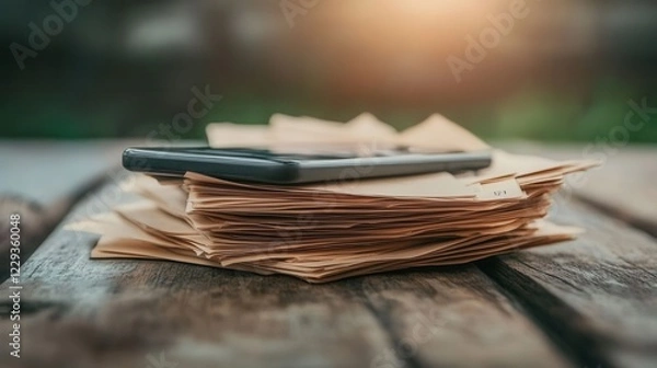Fototapeta Stack of Receipts With Smartphone Showing Tax Information