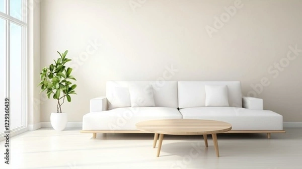 Fototapeta Living room Neutral Color Palette Modern living room with beige walls, a large white sofa, and a light wood coffee table, minimalist design and large windows