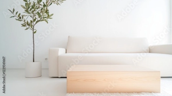 Fototapeta Living room Scandinavian Design Cozy Scandinavian living room with a light wood sofa, a sheepskin rug, and a minimalist coffee table, white walls and natural light
