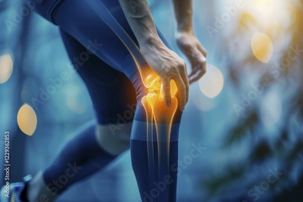 Fototapeta Illustration, biomedical visualisation, painful knee joint during jogging, sports injury, osteoarthritis AI generated, AI generated, AI generated