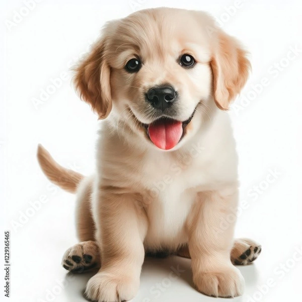Fototapeta A joyful golden retriever puppy sits with its tongue out, exuding charm and cuteness. Its fluffy coat shines brightly in the well-lit space, showing its playful personality
