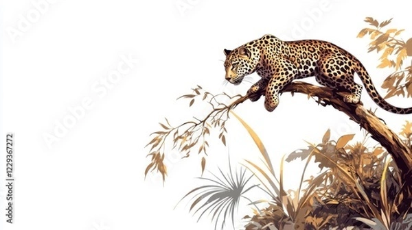 Fototapeta Spotted Leopard Climbing a Tree in Lush Jungle Environment