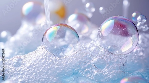 Fototapeta Iridescent bubbles foam, close-up, studio, purity
