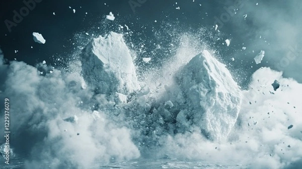 Fototapeta Ice block exploding on dark background.