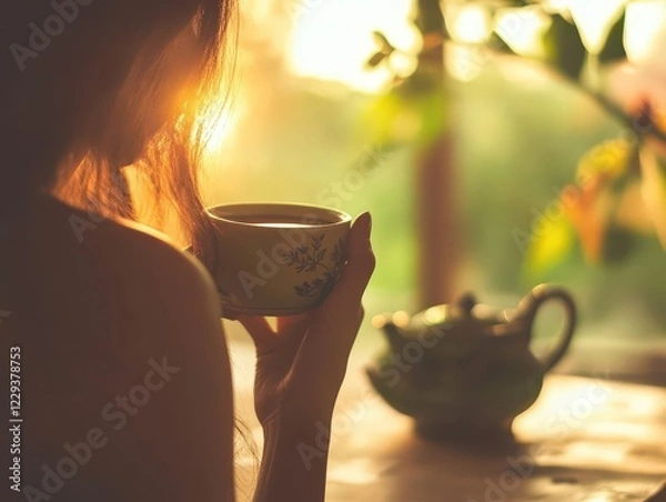 Fototapeta Enjoying tea while basking in the warm glow of a sunset in a cozy setting