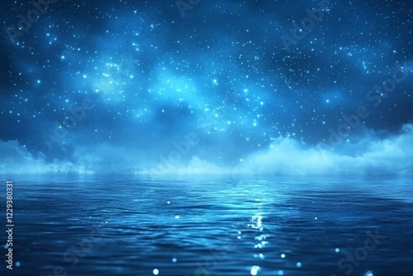 Fototapeta Night sky illuminates calm ocean surface with stars and clouds reflecting in serene blue tones