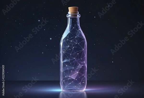 Fototapeta Glass bottle with a cork, glowing neon constellations inside, against a dark starry background, AI generated
