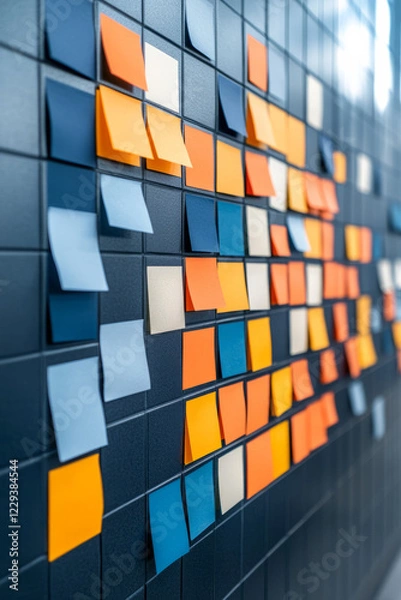 Fototapeta A macro shot of sticky notes arranged on a wall to form a timeline,