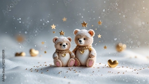 Fototapeta Two Cute Teddy Bears Sitting in Snow with Gold Hearts and Stars Festive Whimsical