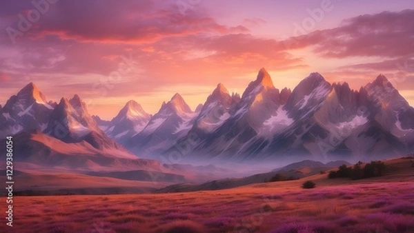 Fototapeta The sky is painted in a breathtaking palette of oranges, pinks, and purples as the sun gently sets behind the ragged mountain peaks. The countryside is given a calm and serene feeling by the warm glow