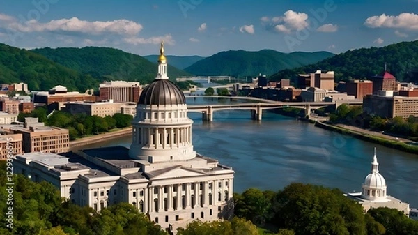 Fototapeta West Virginia State Capitol and skyline, in Charleston along Kanawha river. Charleston is the capital and most populous city of the U.S. state of West Virginia and the seat of Kanawha County.