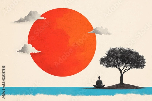 Obraz A creative digital collage featuring a student meditating before final exams, illustrating the contrast between external stress and internal serenity,
