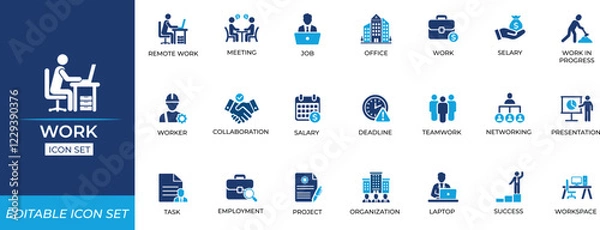 Fototapeta Work icon set featuring office tasks, teamwork, collaboration, employment, job, meeting, networking, presentation, progress, project, success, task, and professional activity visuals.