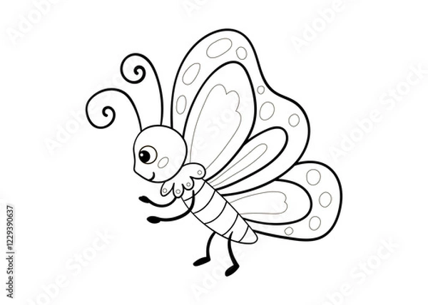 Fototapeta Cute black and white butterfly on a white background. Children's coloring book. Vector illustration with insect in cartoon style.