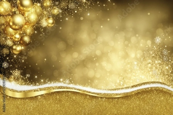 Fototapeta Golden Christmas ornaments and snowflakes with a glittering and festive backdrop, AI generated