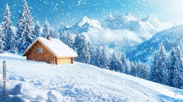 Fototapeta Winter wonderland scene snow-covered mountains cozy cabin serene environment panoramic view tranquility and warmth
