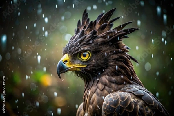 Obraz Long-Crested Eagle portrait:  macro photography reveals exquisite feather detail, glistening rain.