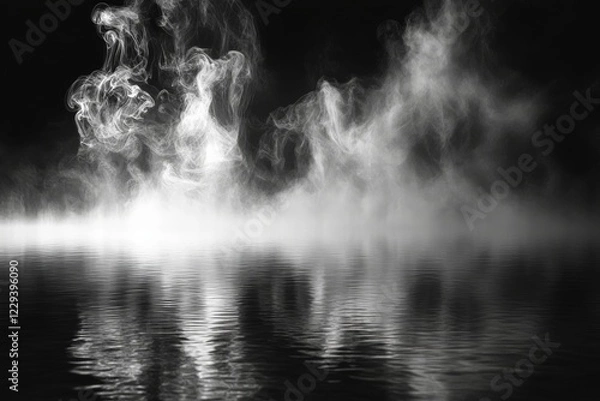 Fototapeta Mysterious mist rises from still water creating a serene and haunting atmosphere in a monochromatic landscape