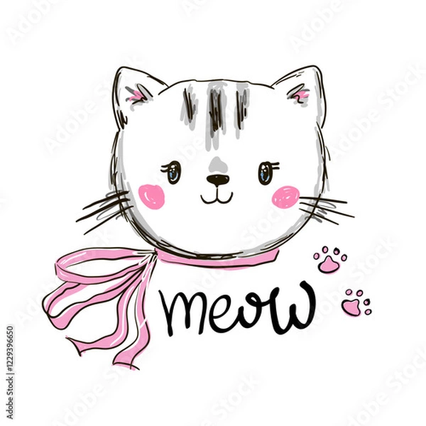 Fototapeta Hand drawn cute cat and the inscription meow. Vector illustration in cartoon style.