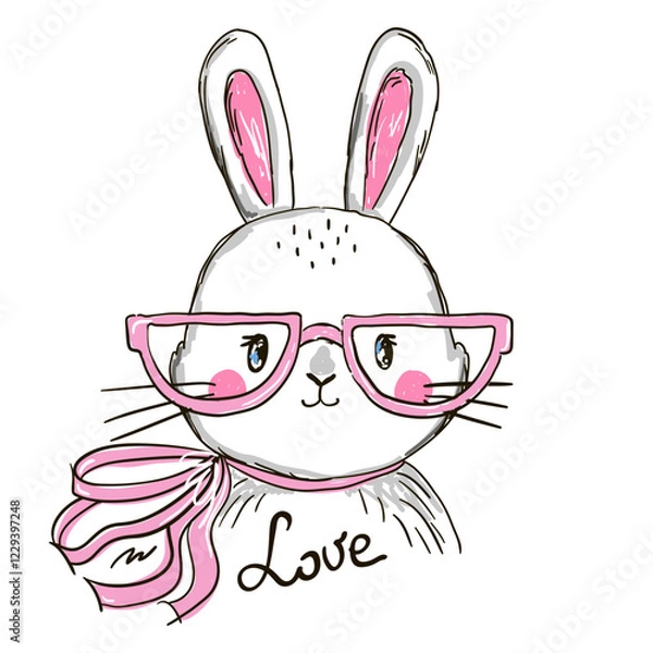 Fototapeta Hand drawn cute bunny, rabbit with bow and the inscription love. Vector illustration in cartoon style