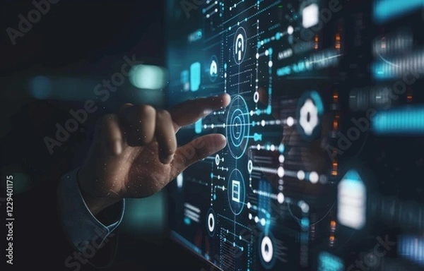 Obraz Artificial Intelligence, AI, Machine Learning, Virtual Screen, Touch Technology, Futuristic Tech, Digital Interaction, AI Innovation, Smart Technology, Tech Trends, Virtual Reality, Augmented Reality,