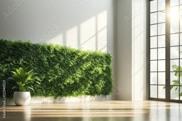 Fototapeta A white room with a vertical garden, a green plant in a white pot, and sunlight from a large window, AI generated