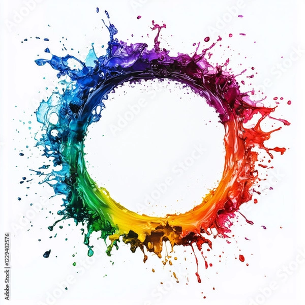 Fototapeta Rainbow splash circle effect art. White background. Copy space for text. Banner. Wallpaper.