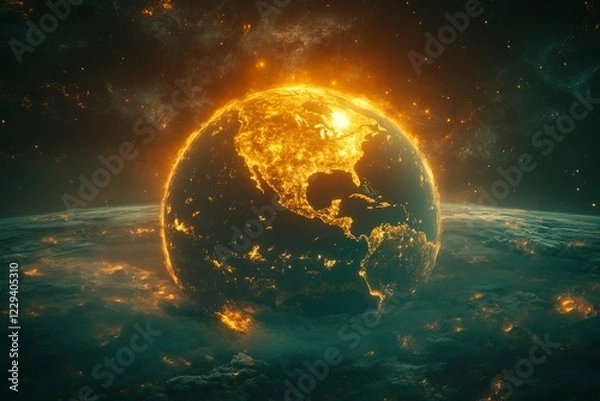 Fototapeta Glowing depiction of North America illuminated against a dark cosmic backdrop