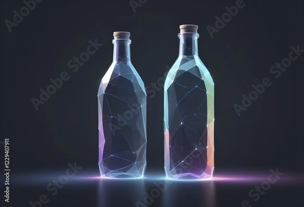 Fototapeta Two geometric neon bottles glowing with multiple colors on a dark background, AI generated